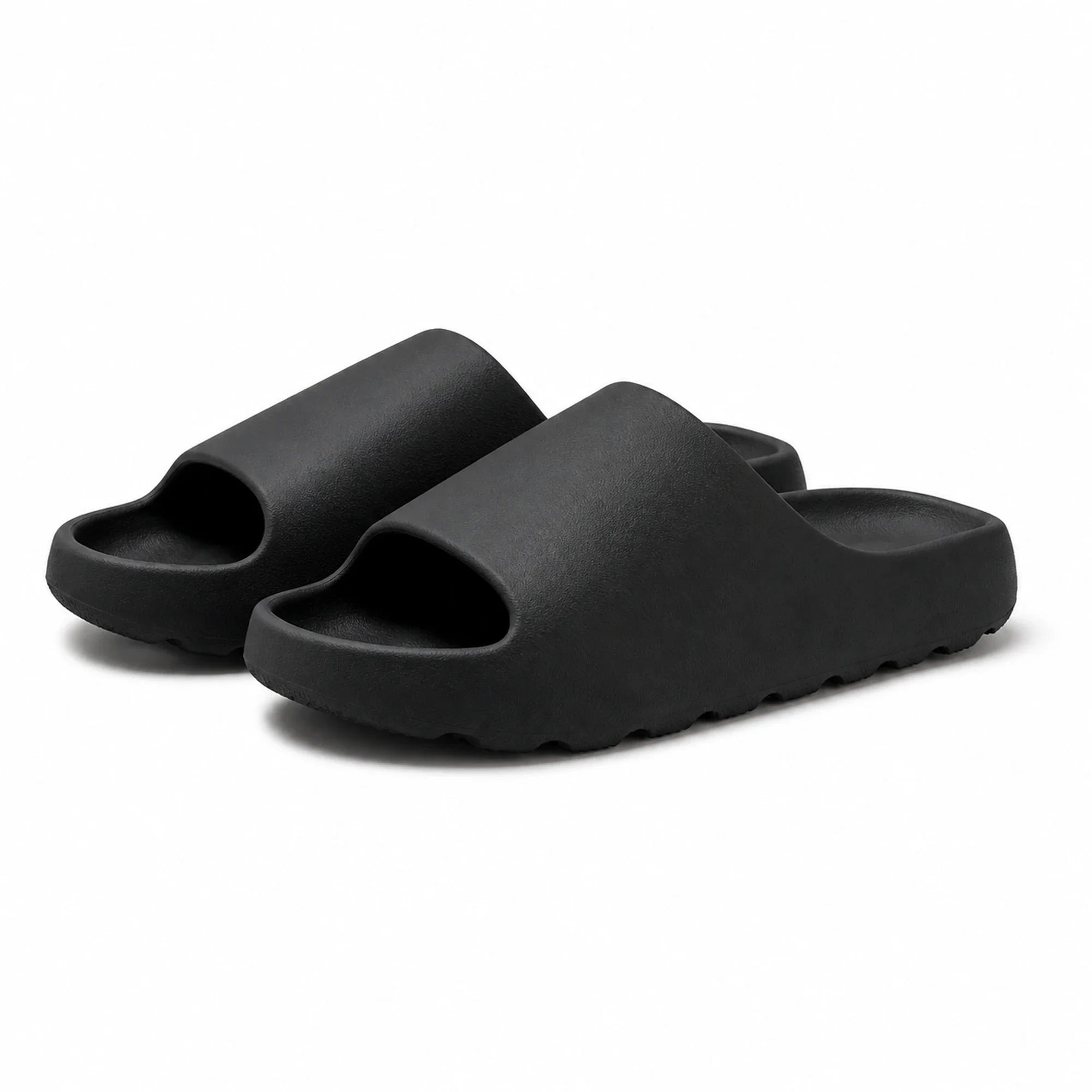 Black EVA platform slide slippers front view on white