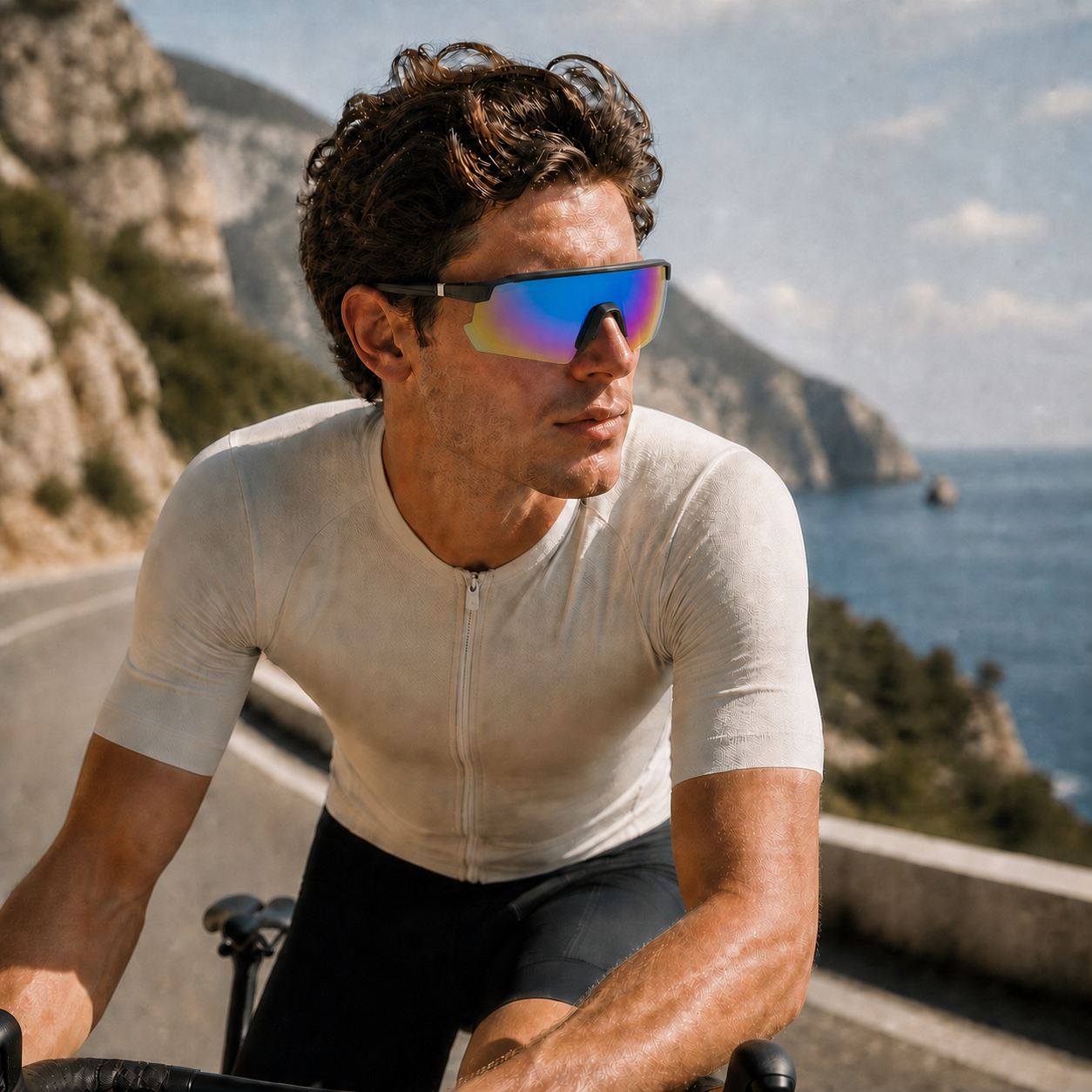 ACE Aurora mirrored polarized UV400 sports sunglasses worn by cyclist on coastal road