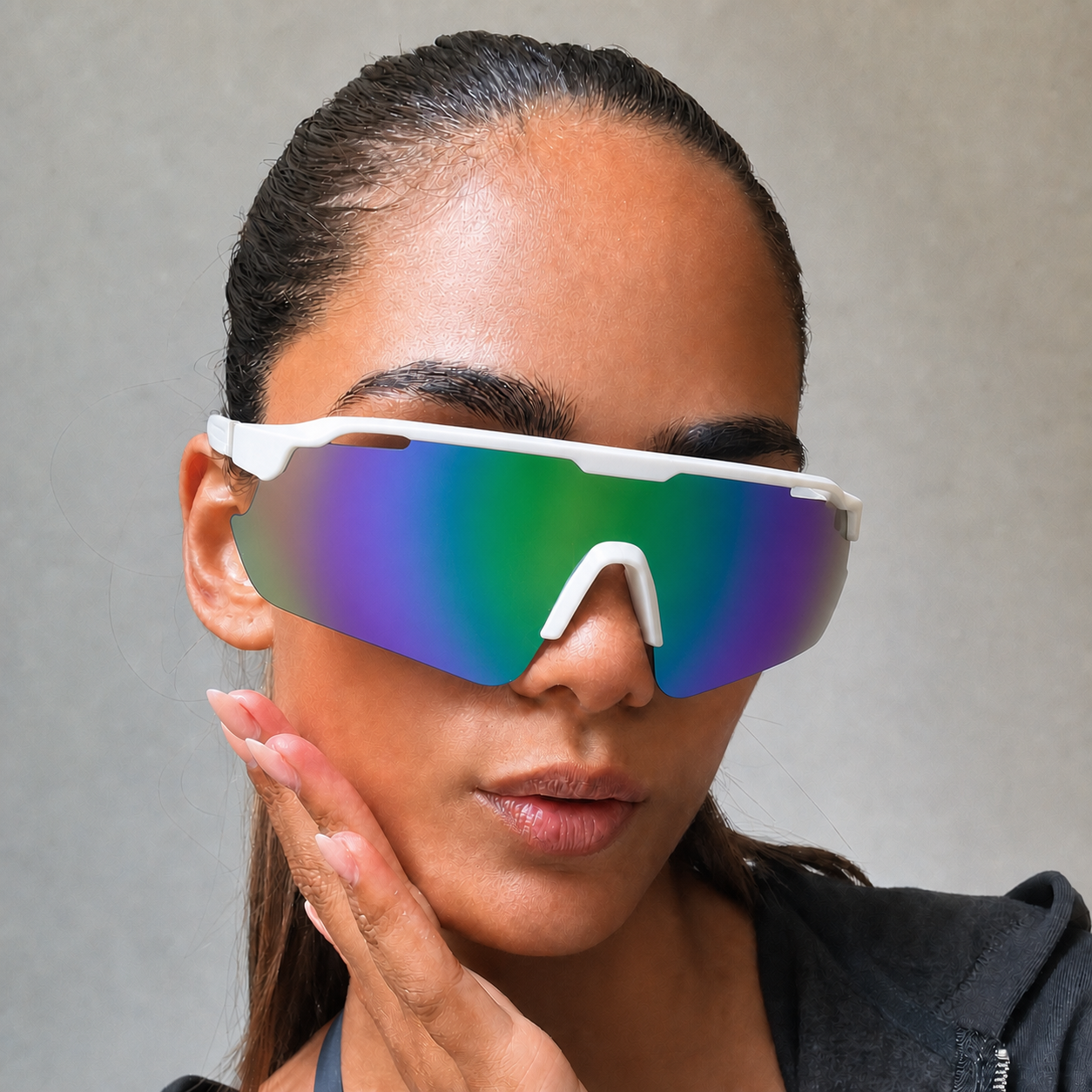 ACE Prism rainbow sports sunglasses worn in editorial portrait