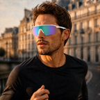 ACE Prism rainbow sports sunglasses worn by runner in European city