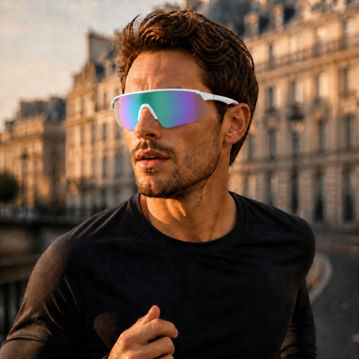 ACE Prism rainbow sports sunglasses worn by runner in European city