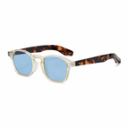 BARCELONA clear frame blue lens sunglasses diagonal view on pure white