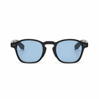 BARCELONA black frame blue lens sunglasses front view on pure white