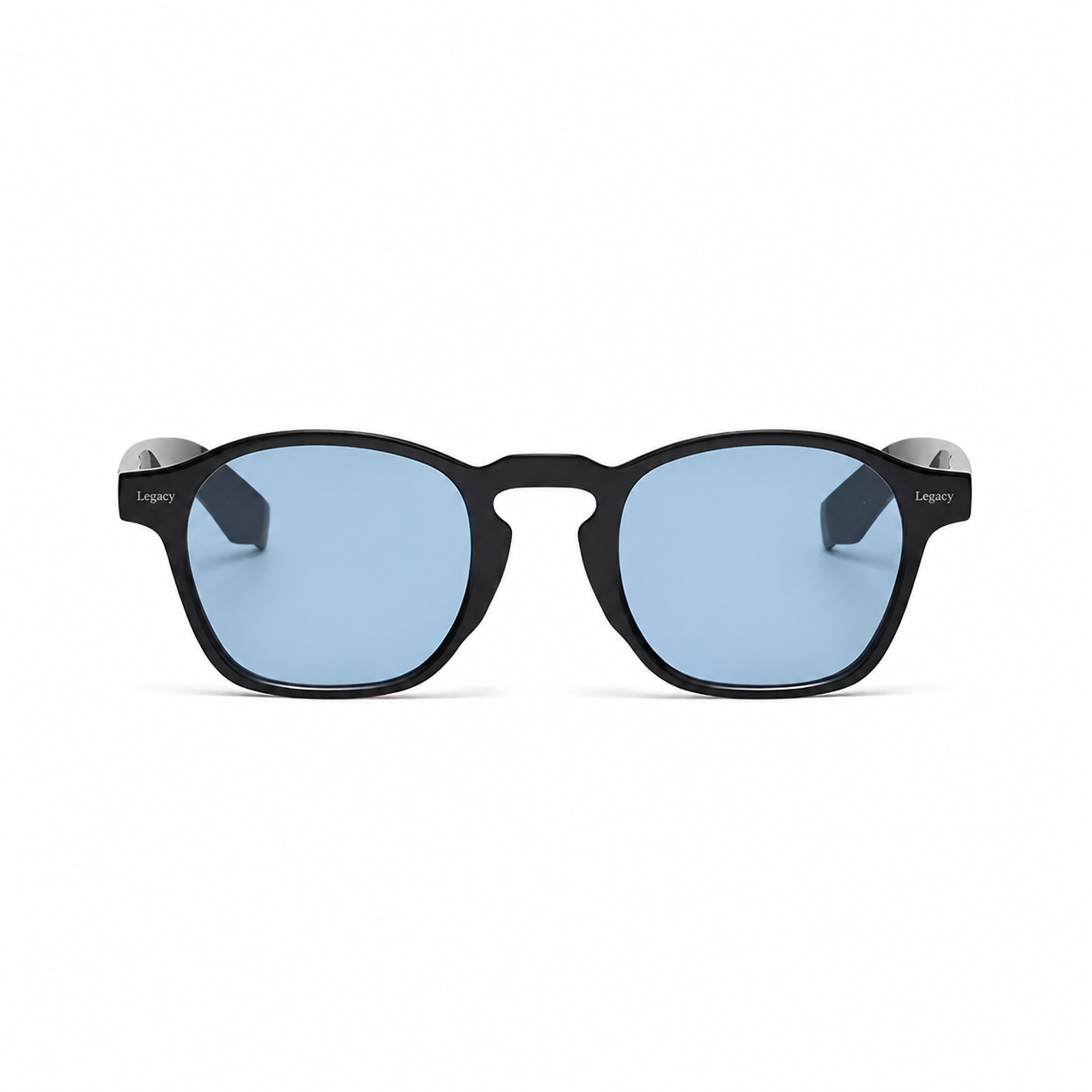 BARCELONA black frame blue lens sunglasses front view on pure white