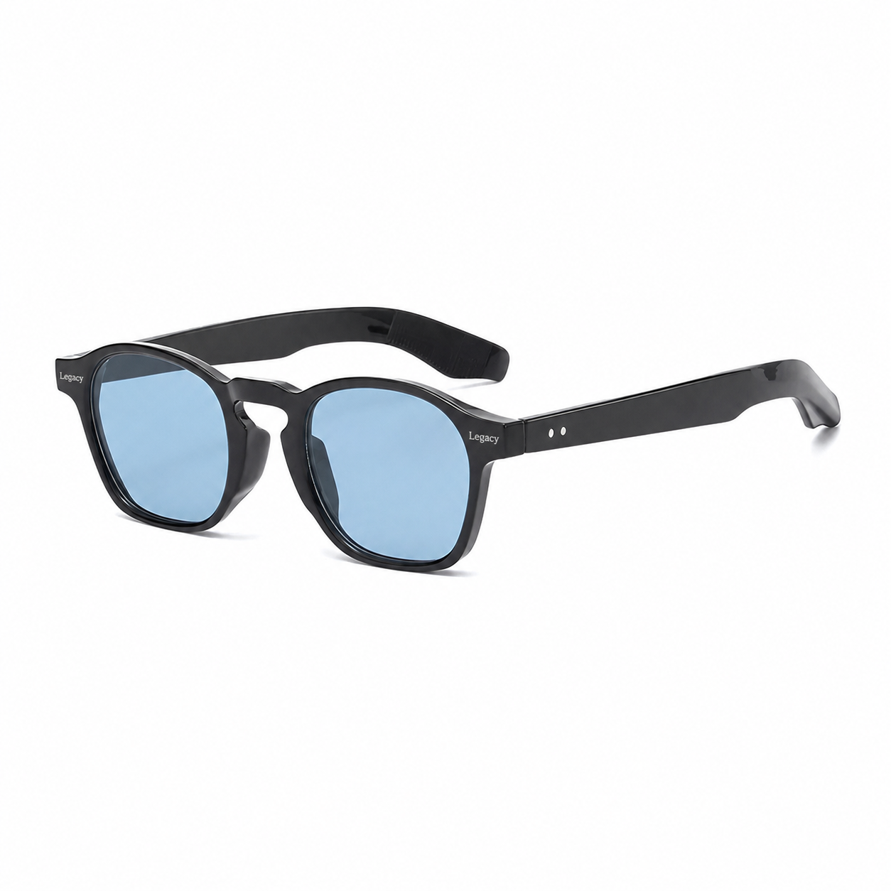 BARCELONA black frame blue lens sunglasses diagonal view on pure white