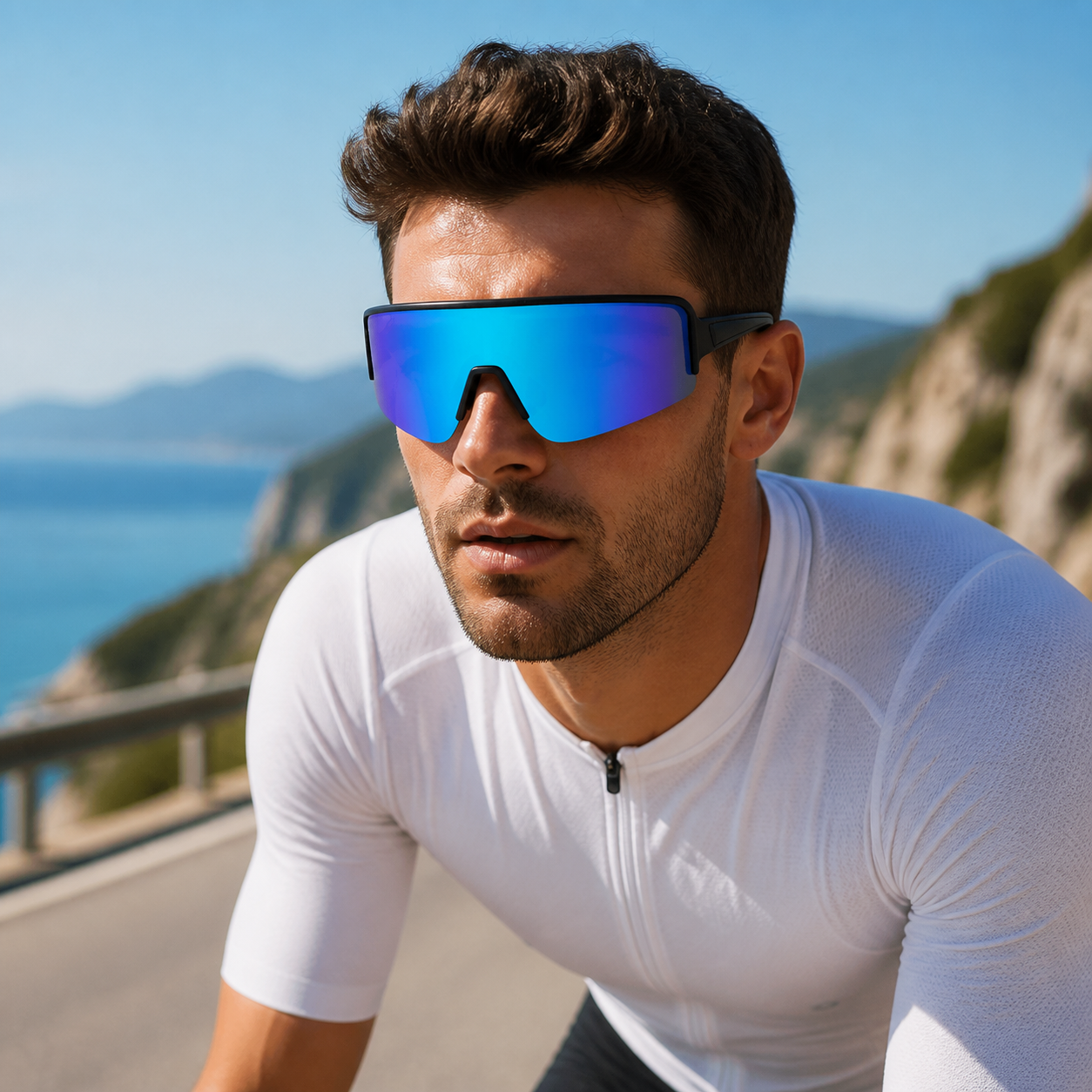 JAWO Spectrum Blue UV400 Running & Cycling Sunglasses - editorial lifestyle view 8