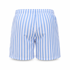 Men's blue and white striped swim shorts, back view
