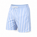 Men's blue and white striped swim shorts, diagonal product view