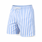 Men's blue and white striped swim shorts, diagonal product view
