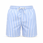Men's blue and white striped swim shorts, front view