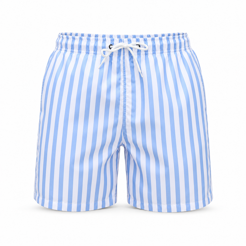 Men's blue and white striped swim shorts, front view