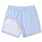 Men's blue and white striped swim shorts with mesh lining