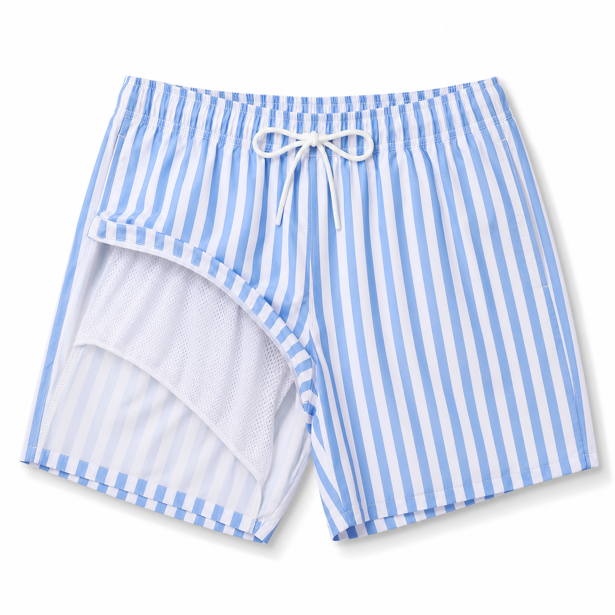 Men's blue and white striped swim shorts with mesh lining