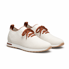 Men's beige knit sock-fit sneaker, diagonal view on white