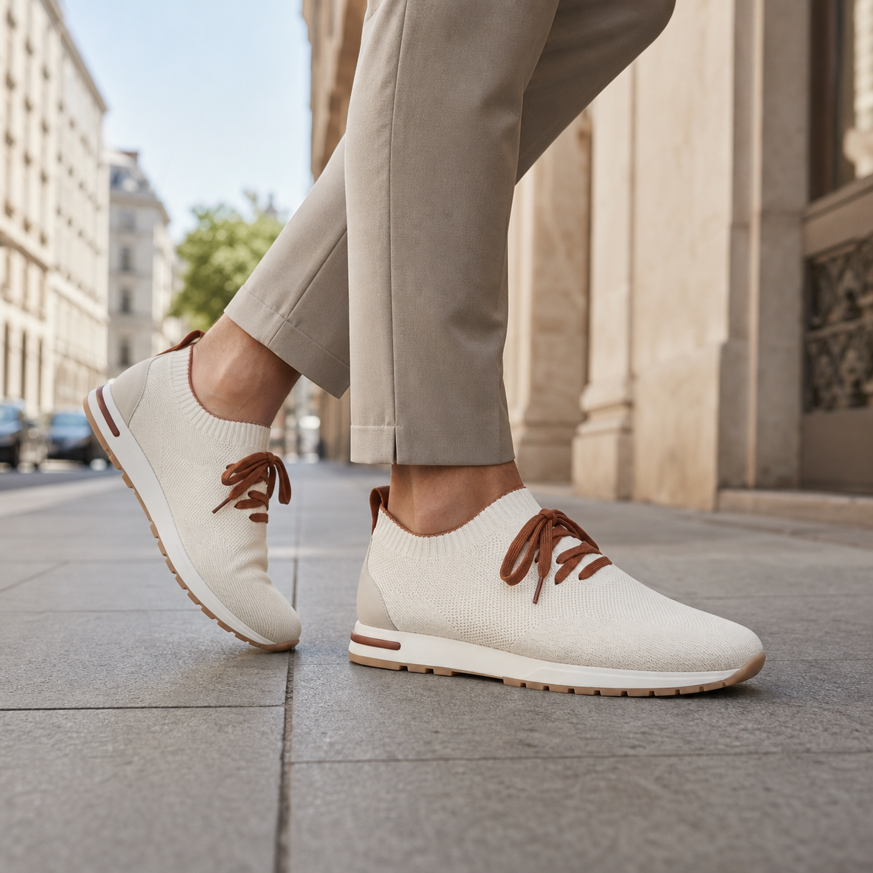 Men's beige knit sock-fit sneakers styled in the city