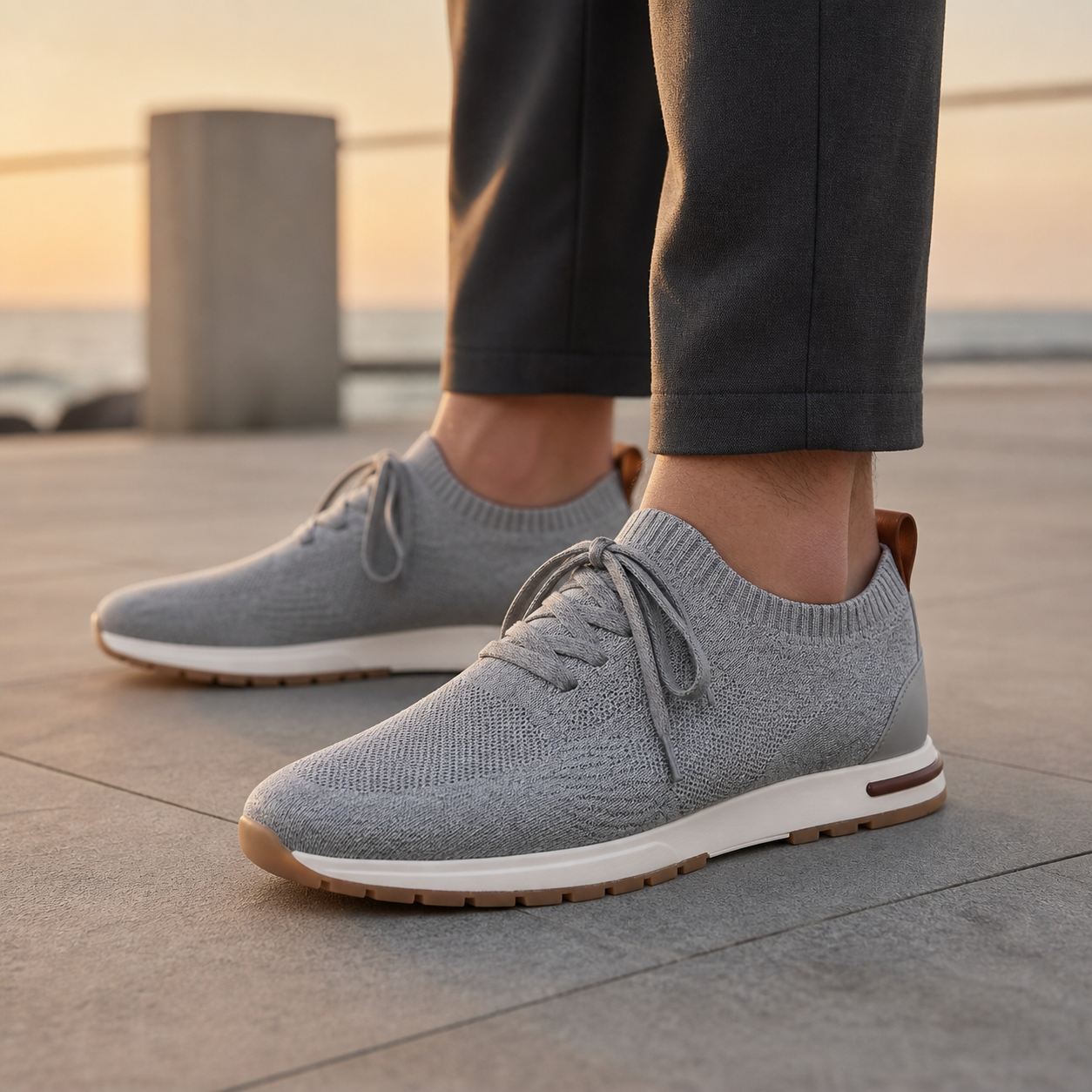 Men's gray knit sock-fit sneakers on a modern promenade