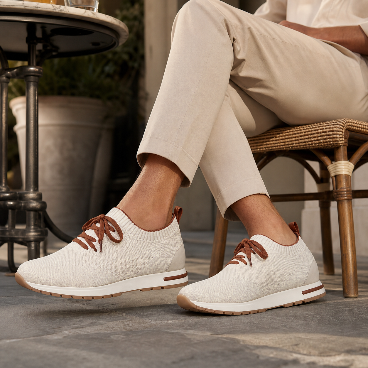 Men's beige knit sock-fit sneakers in a cafe setting