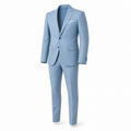 Men's light blue slim-fit suit, ghost mannequin diagonal view on white