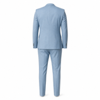 Men's light blue slim-fit suit, ghost mannequin back view on white