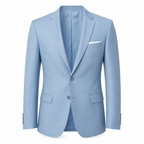 Men's light blue slim-fit blazer, ghost mannequin front view on white
