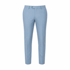 Men's light blue tapered suit trousers, ghost mannequin front view on white