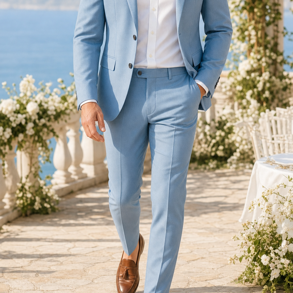 Men's light blue suit styled for a coastal wedding