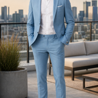 Men's light blue suit styled on a rooftop terrace