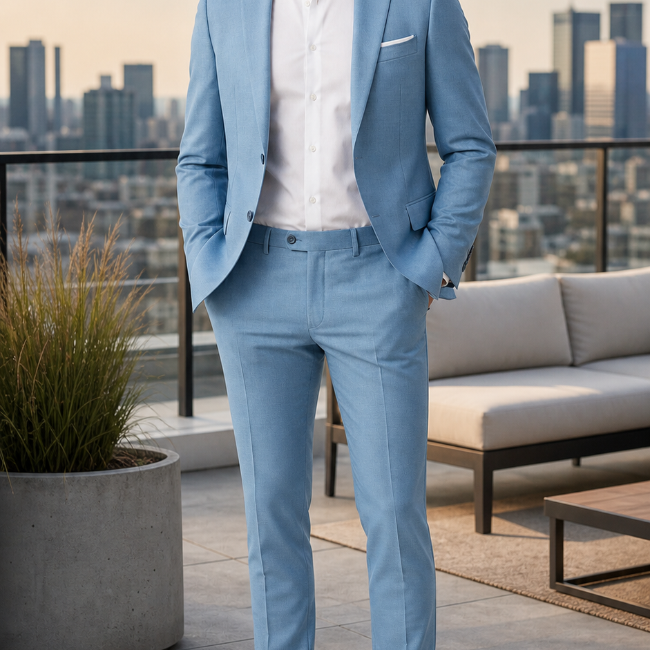 Men's light blue suit styled on a rooftop terrace