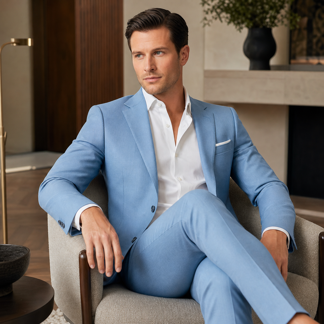 Men's light blue suit styled in a contemporary lounge