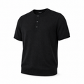 Legacy men's black knit Henley shirt on invisible mannequin, diagonal front view