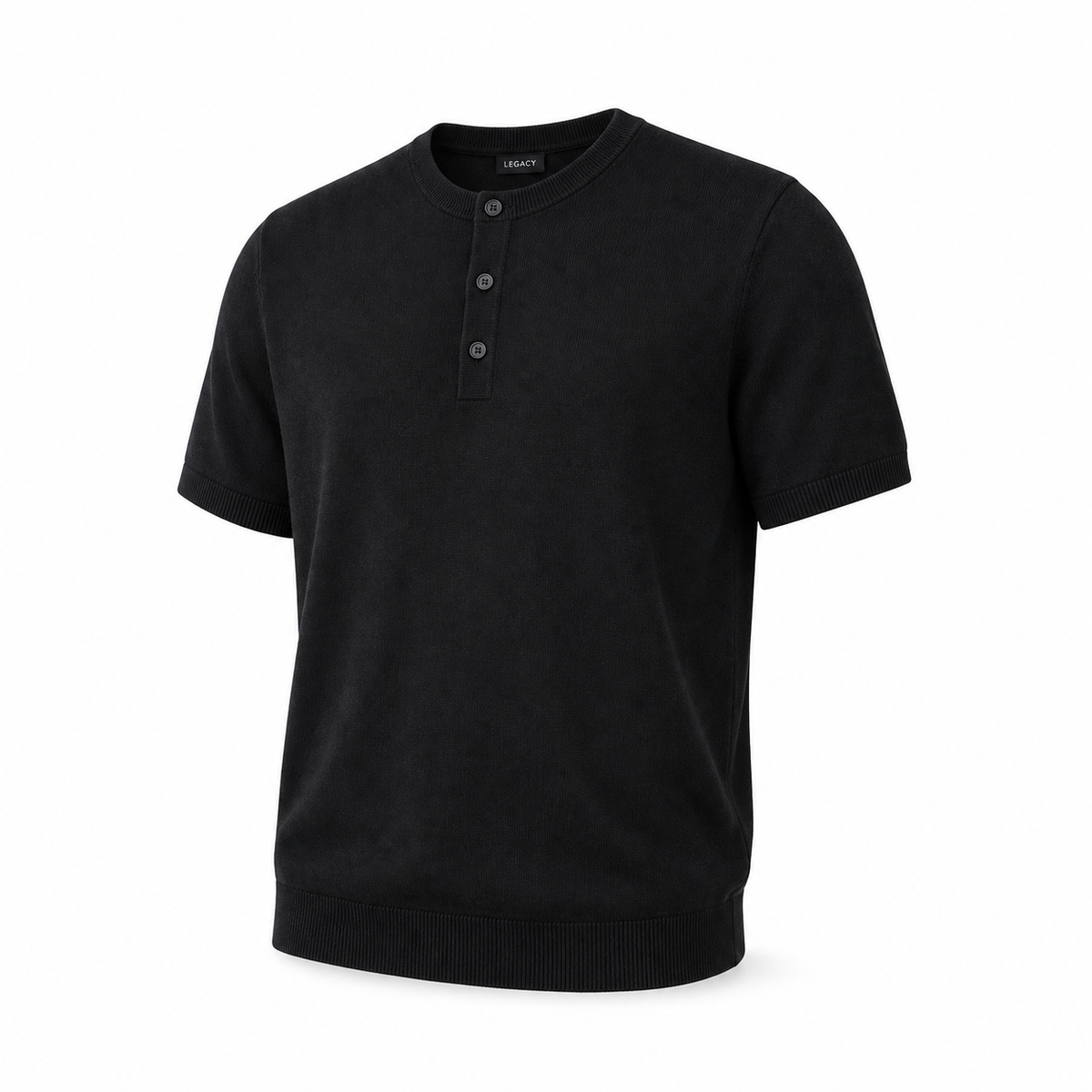 Legacy men's black knit Henley shirt on invisible mannequin, diagonal front view