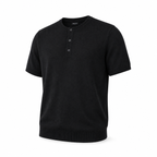 Legacy men's black knit Henley shirt on invisible mannequin, diagonal front view