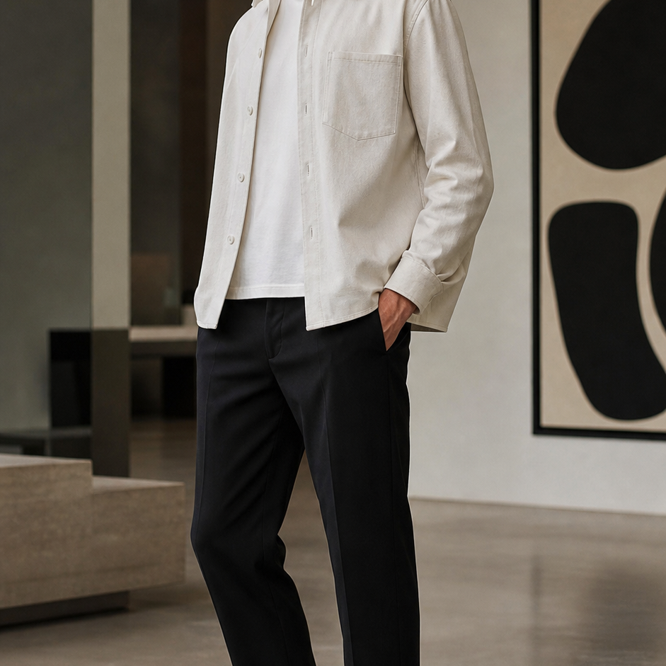 Men wearing white and black platform sneakers in a gallery