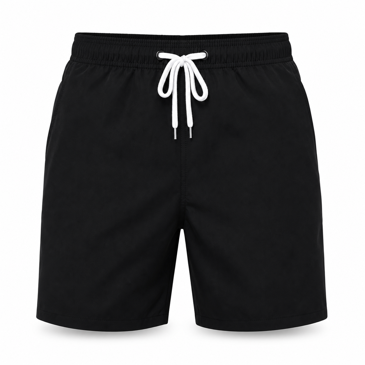 Men's black quick-dry swim shorts, front view