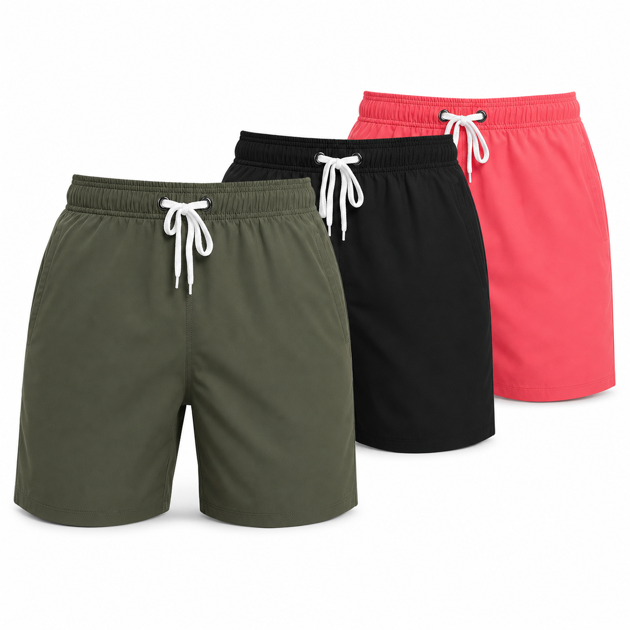 Men's quick-dry swim shorts in dark green, black and pink