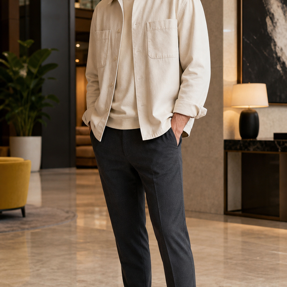 Men wearing black slip-on loafers in a hotel