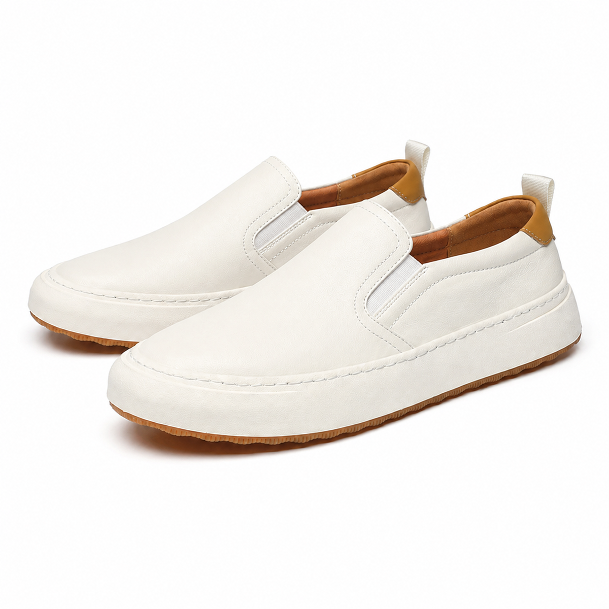 Men's white slip-on loafers, diagonal pair view
