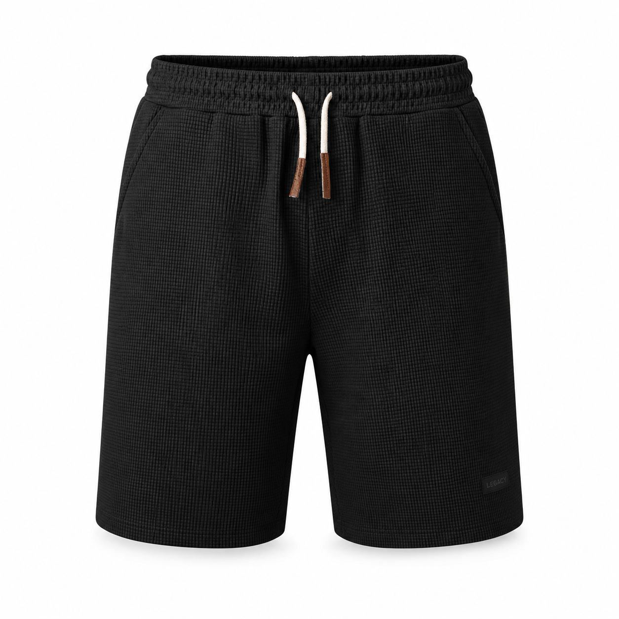Men's black waffle-textured casual shorts, front view