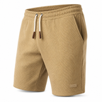 Men's khaki waffle-textured casual shorts, diagonal view
