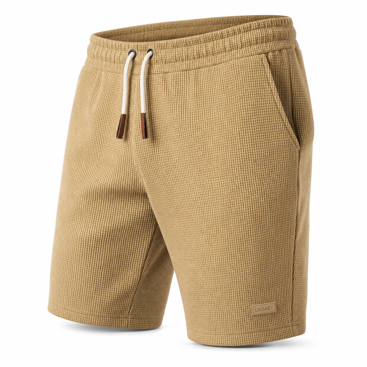 Men's khaki waffle-textured casual shorts, diagonal view