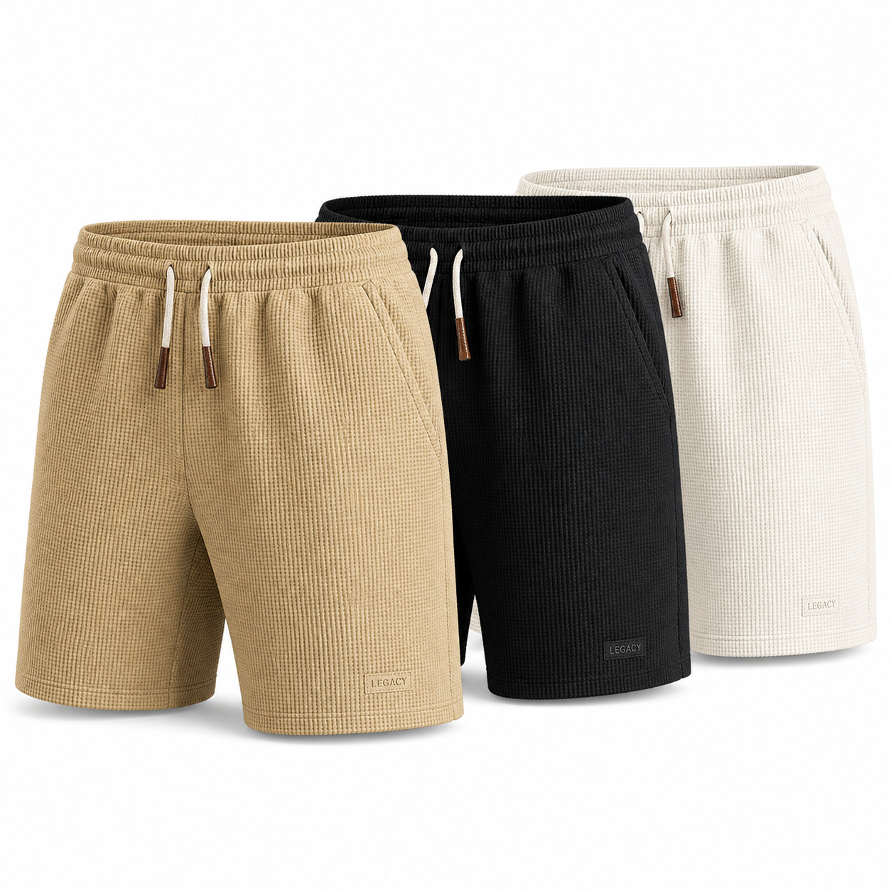 Men's waffle-textured shorts in khaki, black and off-white