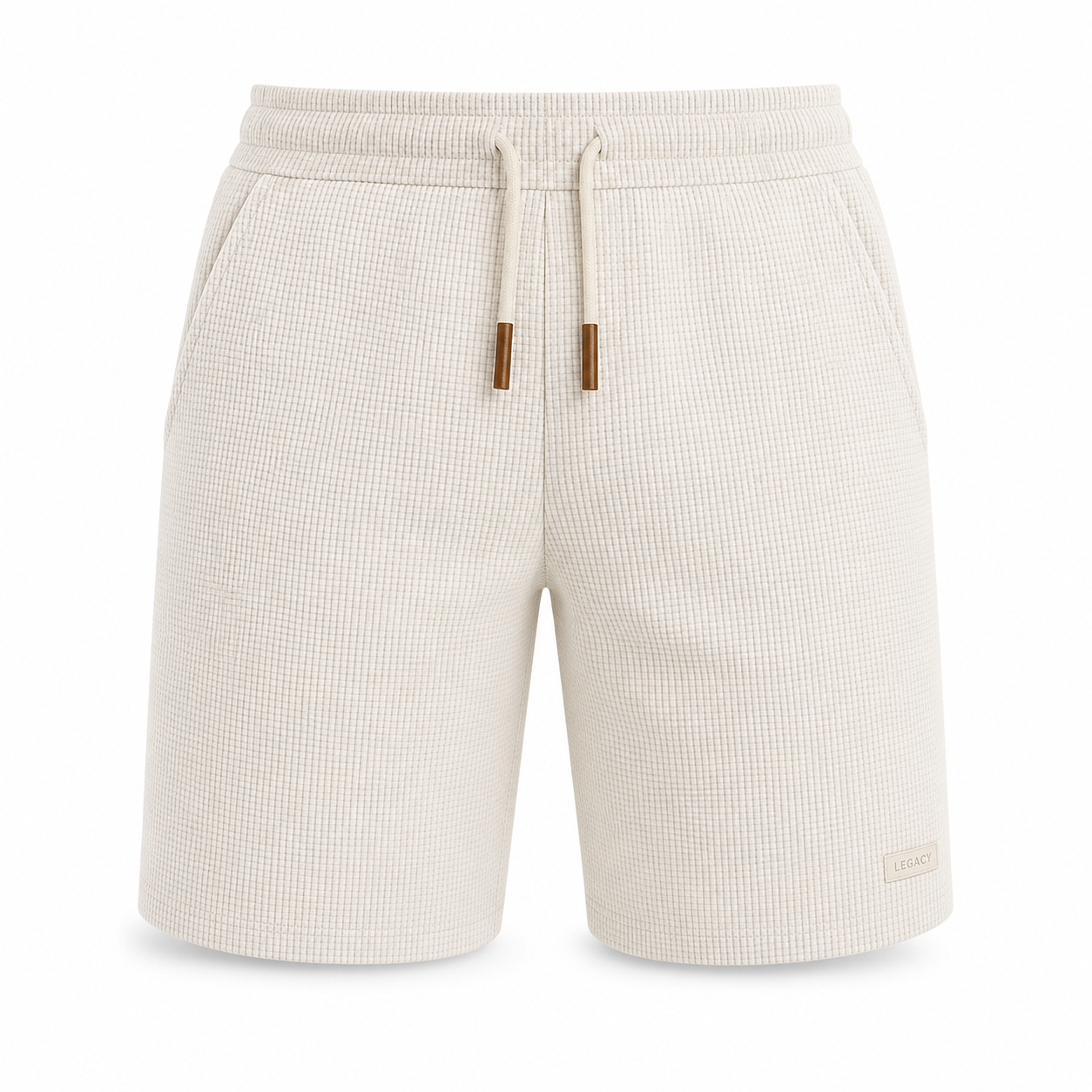Men's off-white waffle-textured casual shorts, front view