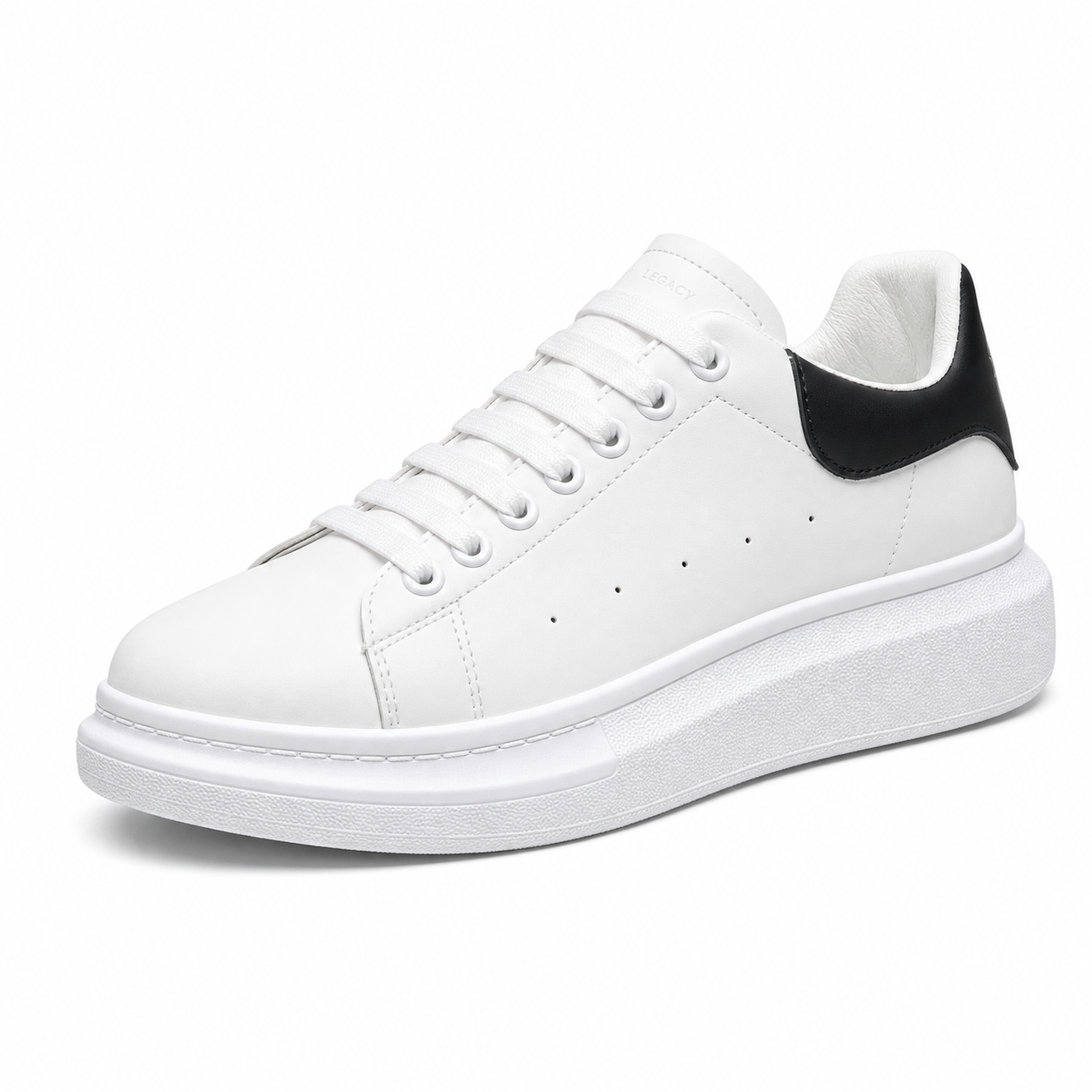 Men's white platform sneaker with black heel, diagonal view