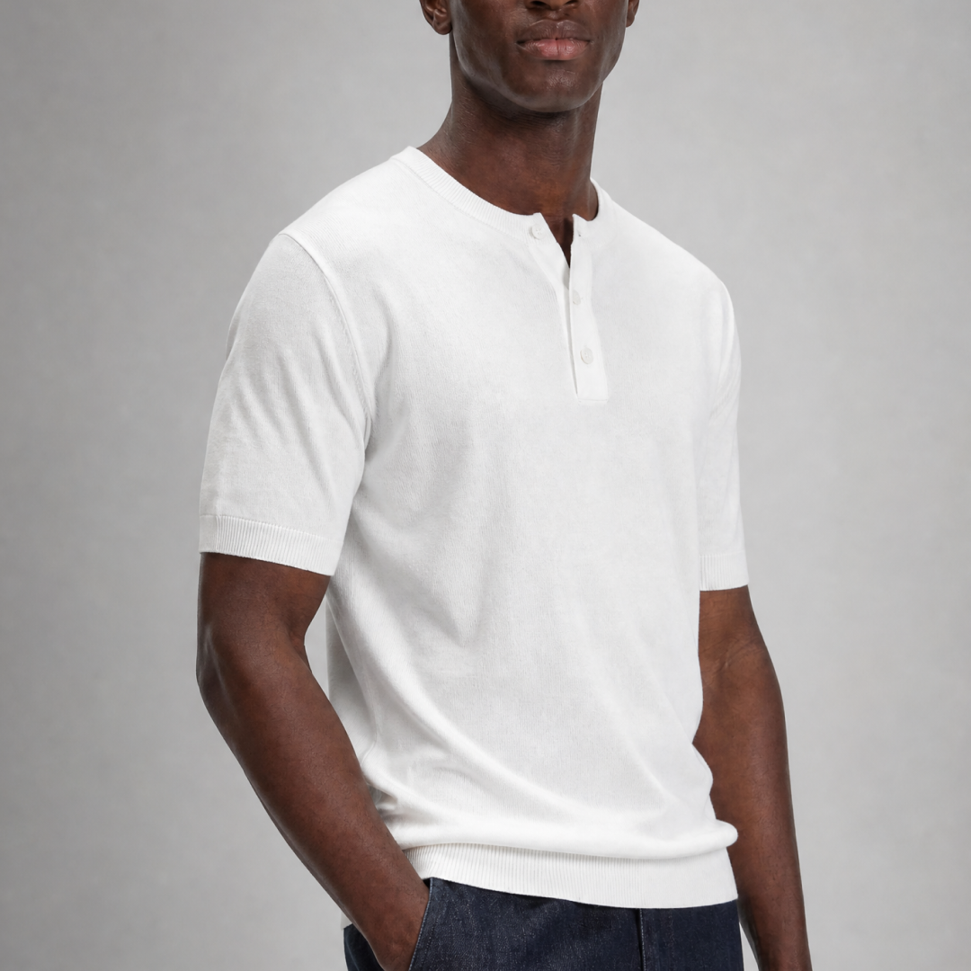 Legacy white knit Henley shirt studio styling