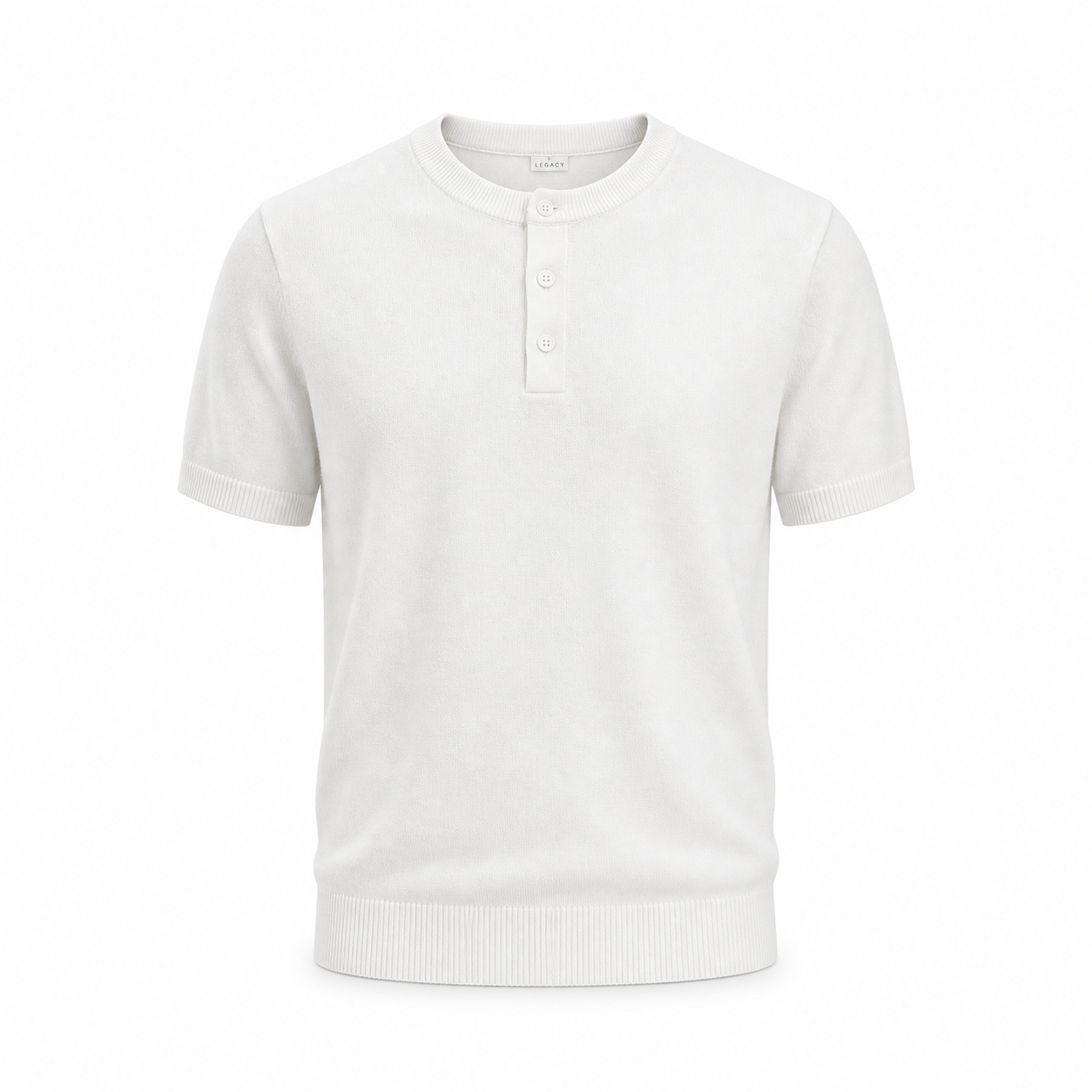 Legacy men's white knit Henley shirt on invisible mannequin, front view