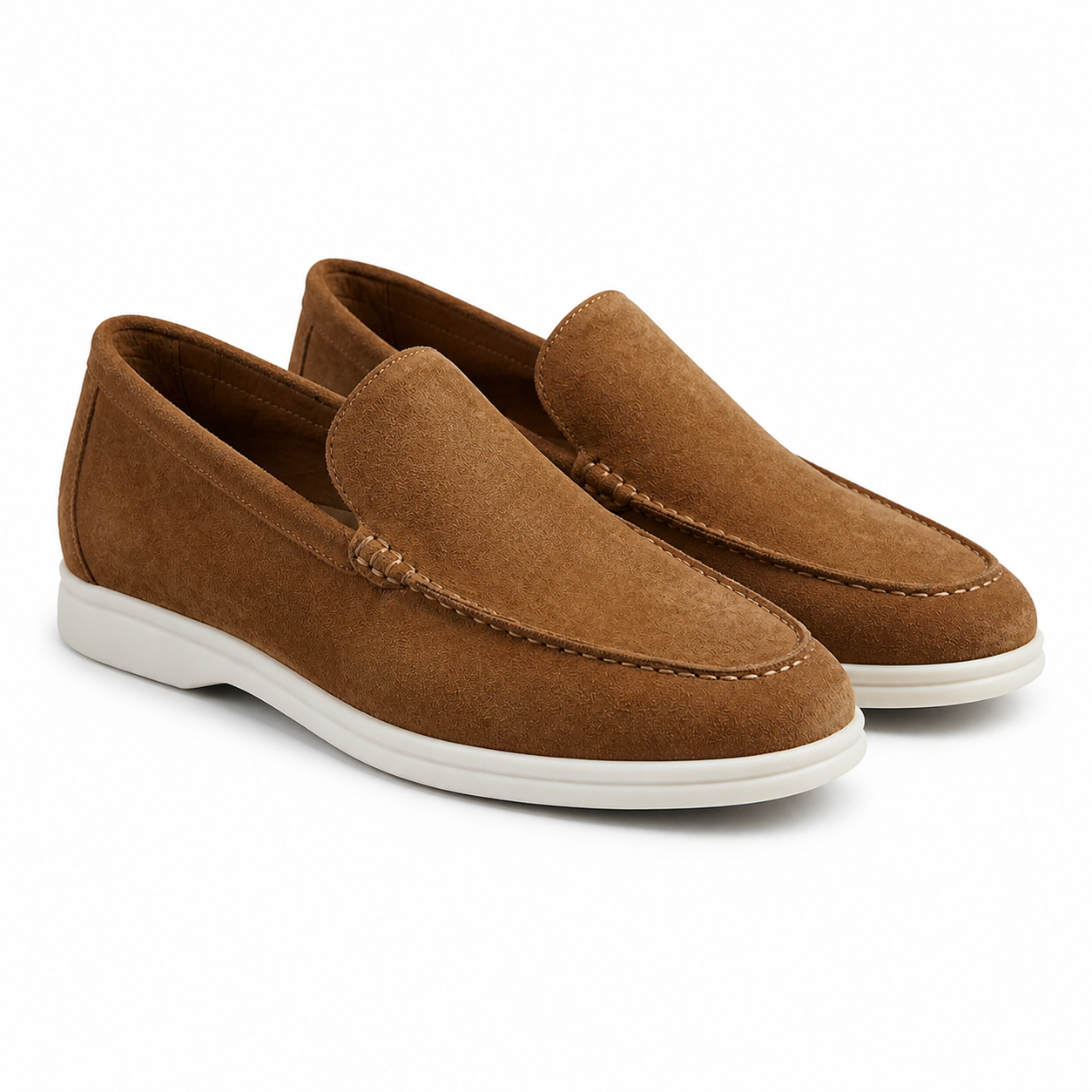 Men's brown suede slip-on loafers, diagonal view on white