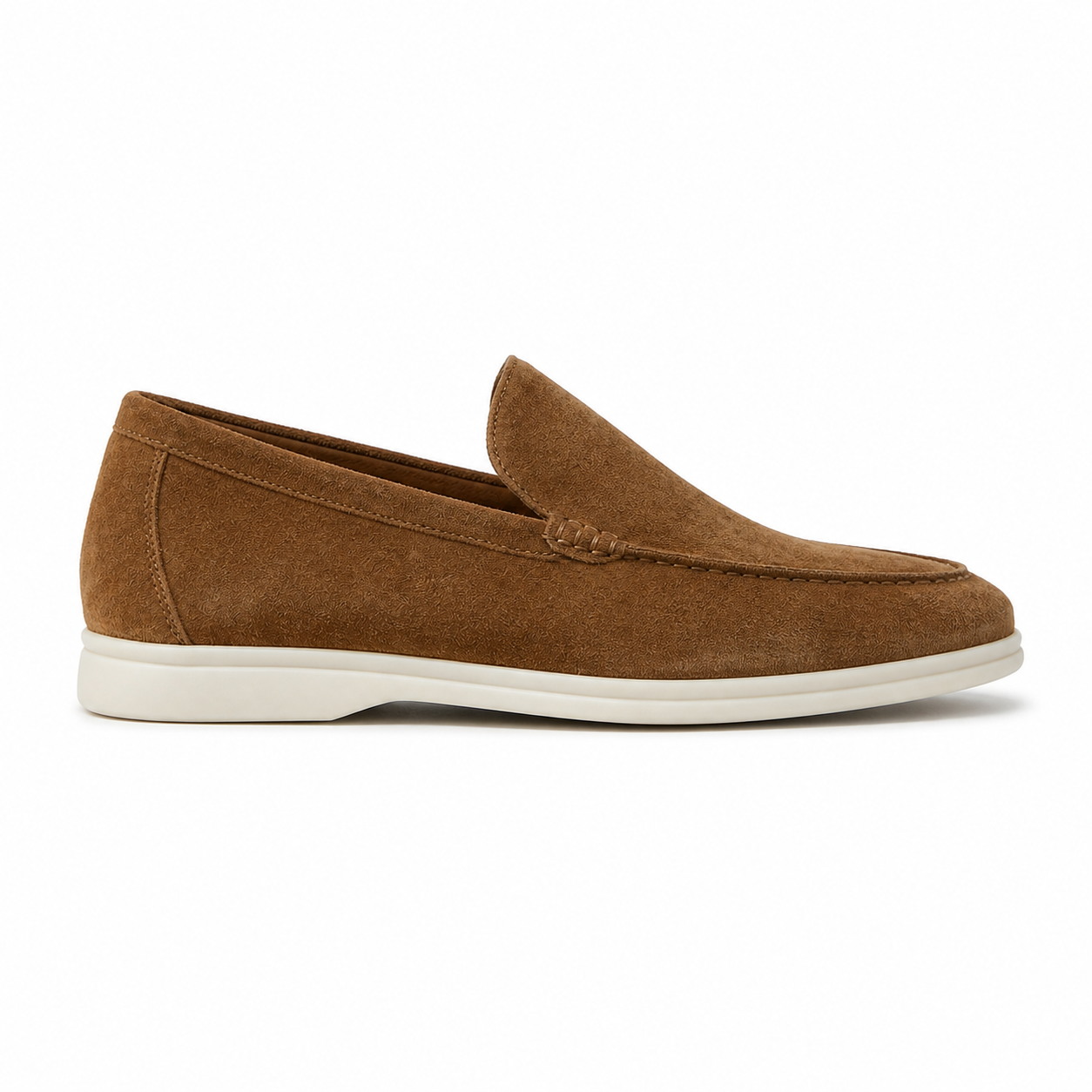 Men's brown suede slip-on loafer, side view on white