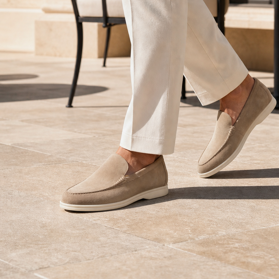 Men's beige suede loafers styled on a sunlit terrace