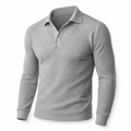 Men's gray textured long-sleeve polo sweater, ghost mannequin on white