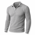 Men's gray textured long-sleeve polo sweater, ghost mannequin on white